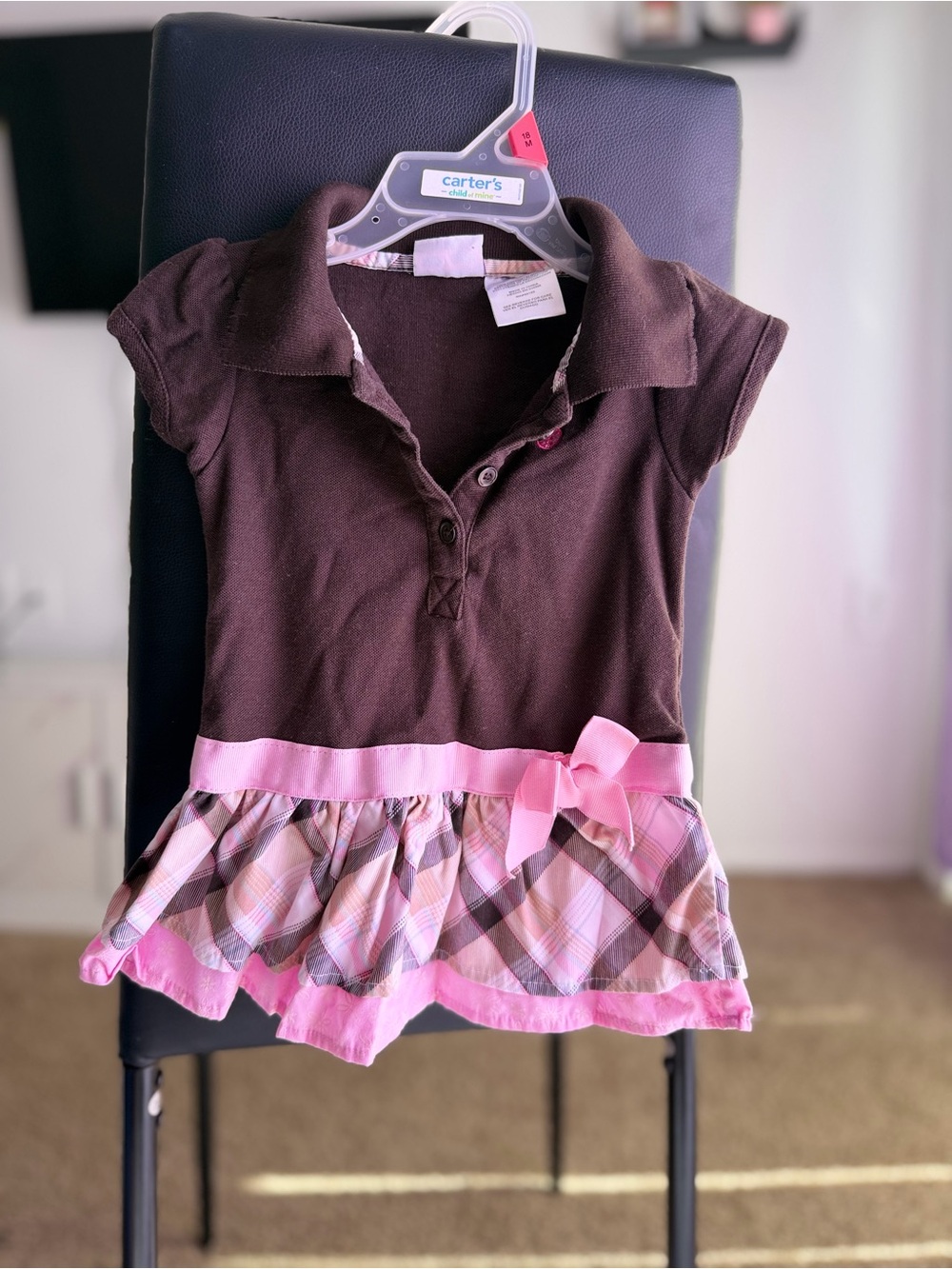 Carter's Brown Polo Dress with Pink Plaid Ruffle and Bow